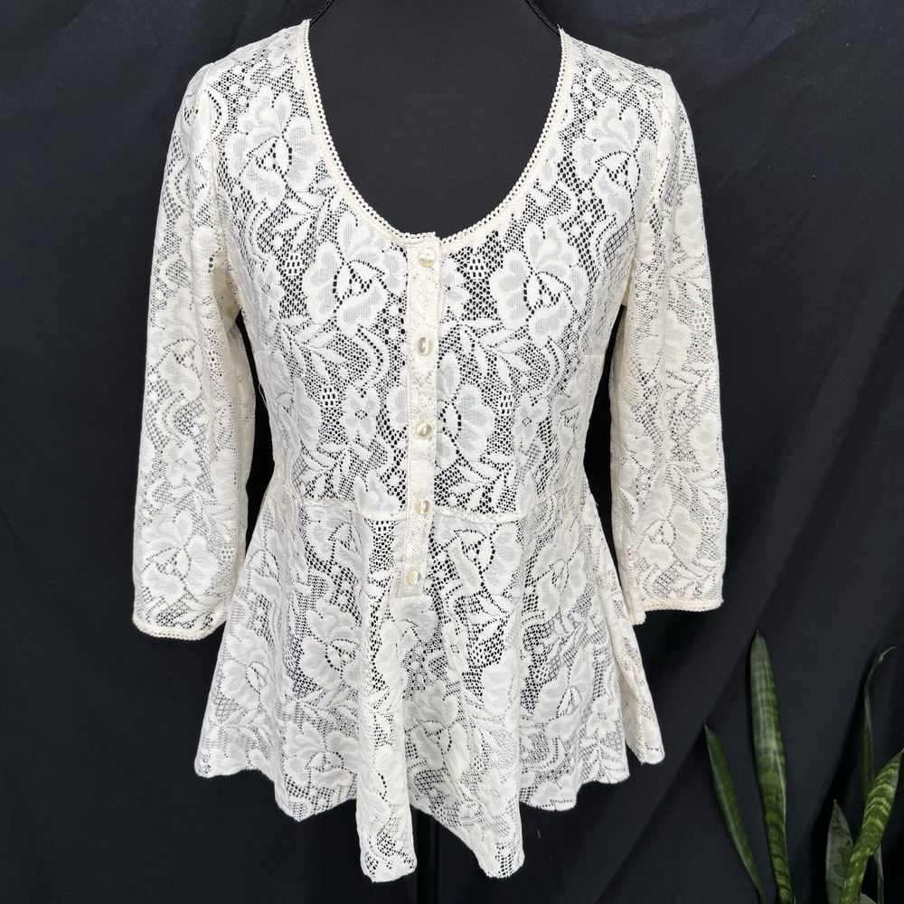 Vtg Free People Sheer Ivory Lace Top XS Y2K Boho Cottage Romantic Dainty Floral